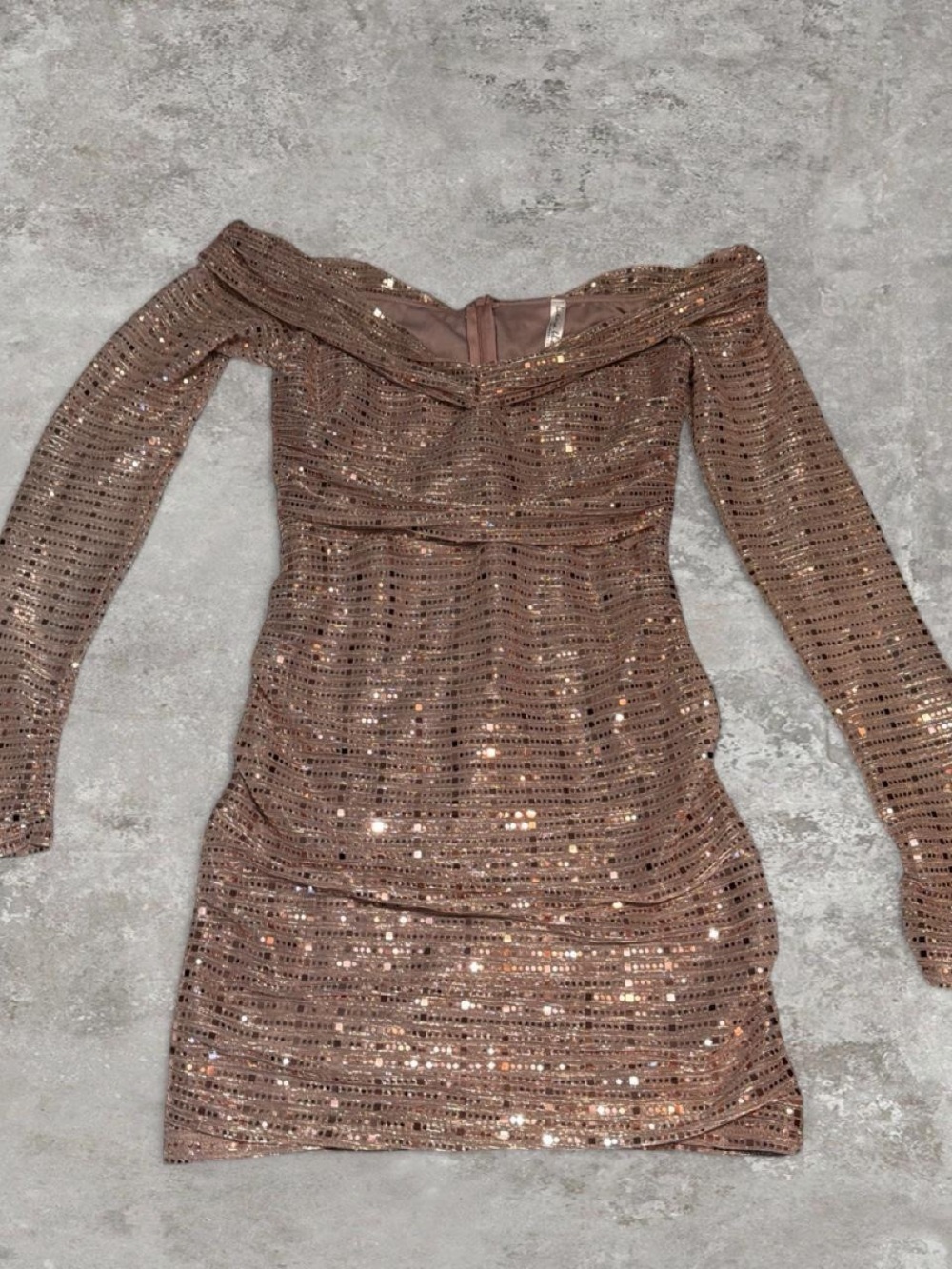Lucy in the Sky Rose Gold Sequin Off-Shoulder Long Sleeve Mini Dress
